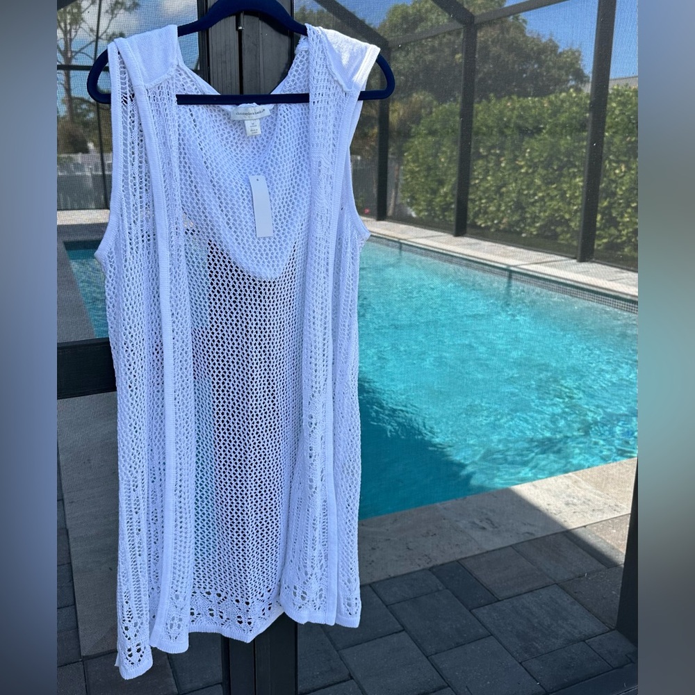 Christopher & Banks Crochet Sleeveless Hooded Open-Front Coverup, NWT, Sz.M